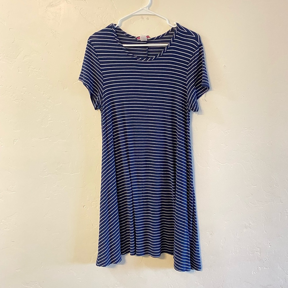 Discreet Blue & White Striped Knit Tee Shirt Dress Extra Large